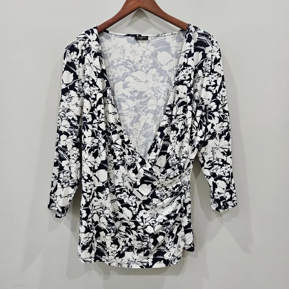 Talbots Womens Dark Floral Faux Wrap Top Black White 1X Whimsigoth Romantic Goth